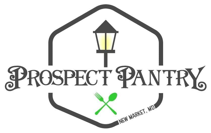 a Hexagonal Logo Featuring a Black Street Lamp with a Yellow Glow Above the Stylized Text Prospect Pantry Below a Green Fork and Spoon Cross over Each Other Highlighting New Market Md Along the Lower Right Edge