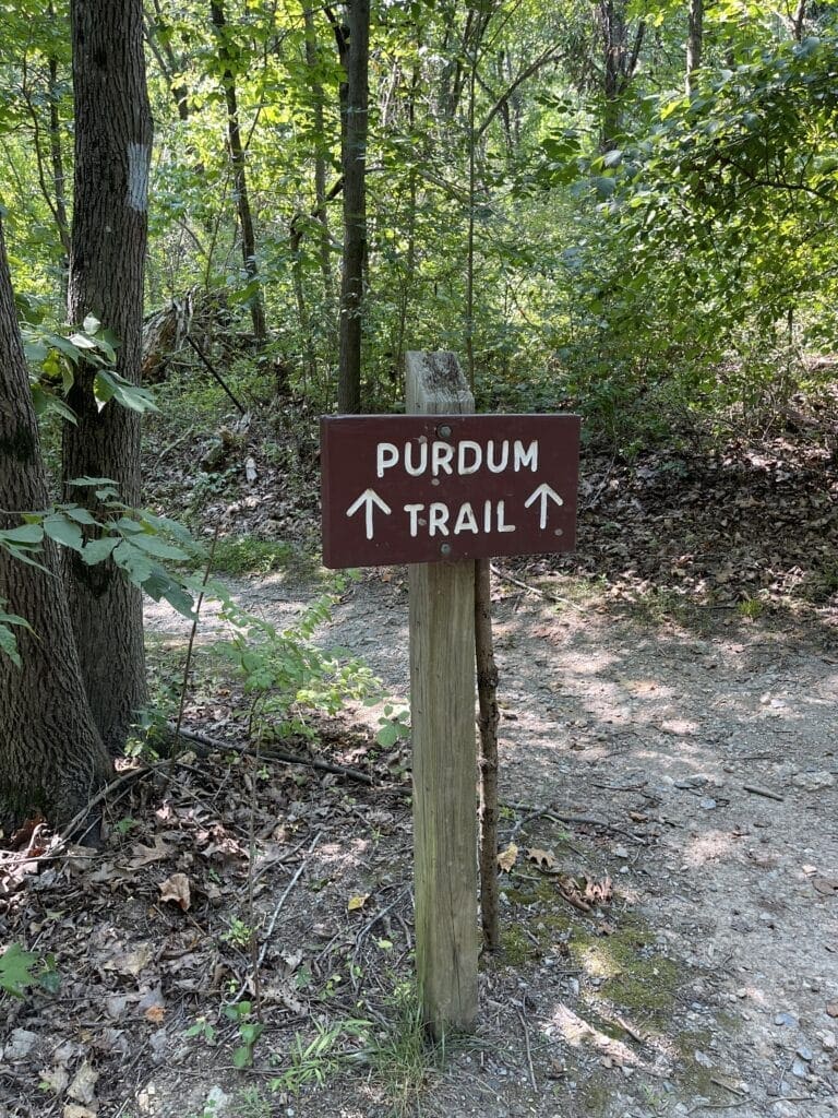 a Wooden Post Holds a Brown Sign Reading Purdum Trail in White Letters with Two Arrows Pointing Up Surrounded by Trees and Foliage This Marker is Part of the Scenic Little Bennett Bike Trails with a Dirt Path Winding Through the Forested Background