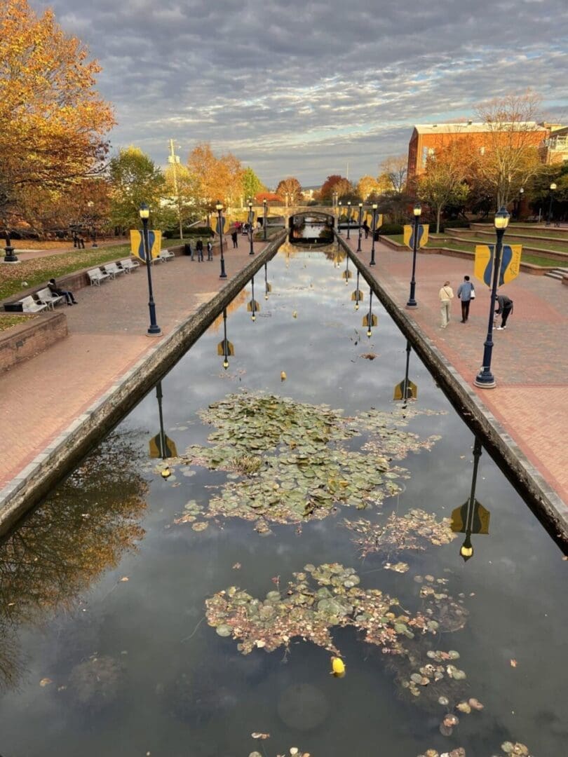 a Narrow Canal Lined with Lily Pads Reflects a Cloudy Sky in Frederick Maryland Brick Walkways and Lampposts Border Both Sides While Autumn Trees and a Few People Strolling Create a Calm Scenic Urban Park Atmosphere