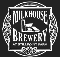a Black and White Logo for Milkhouse Brewery at Stillpoint Farm in New Market Md Features Bold Stylized Text with an Illustration of a Barn in the Center Surrounded by Hop Cones and Leaves on Both Sides and at the Bottom
