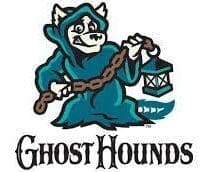 a Cartoon Ghost Dog in a Blue Hooded Cloak Holds a Chain and Lantern Grinning Mischievously As He Floats Above the Frederick Keys Schedule the Words Ghost Hounds Appear Below in Stylized Spooky Lettering