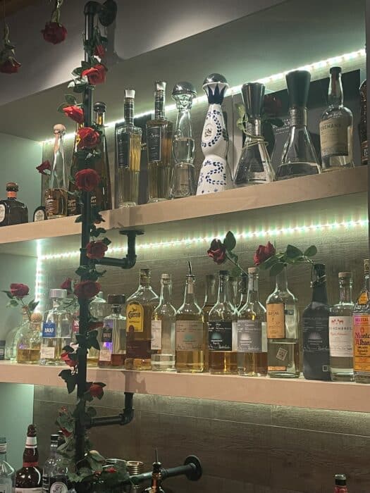 Shelves Stocked with Assorted Liquor Bottles Including Tequila and Whiskey Are Illuminated by Led Strip Lights Fake Red Roses and Greenery Wrap Around Black Metal Pipes Creating a Decorative Atmosphere Worthy of the Best Bars in Frederick