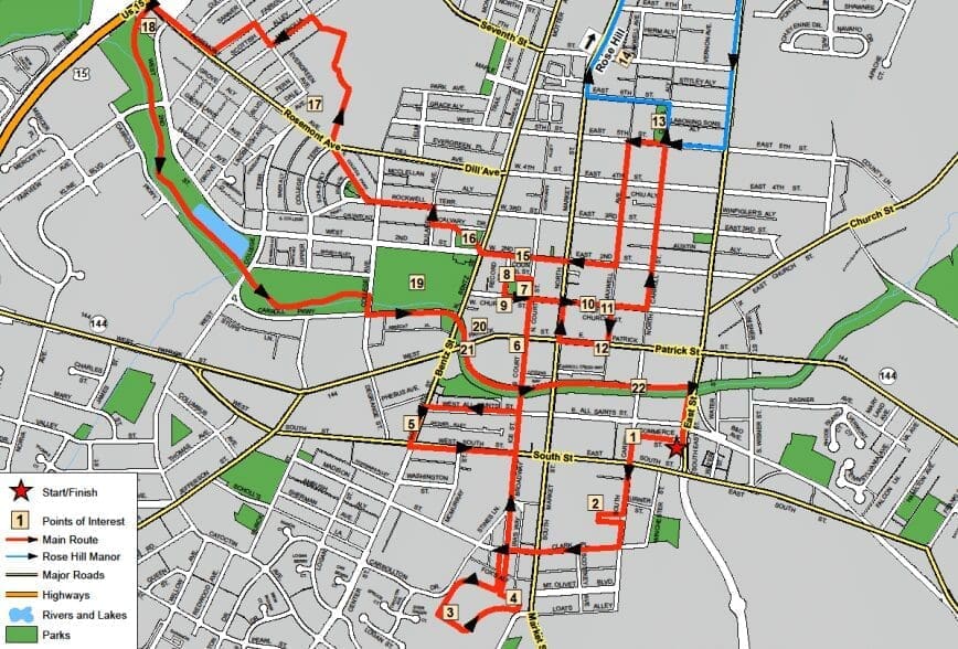 a City Map with Colored Routes Highlights Bike Trails Near Frederick Md Red Lines Mark the Main Route Black Lines Show Major Roads Green Areas Are Parks and Blue Lines Indicate Rivers Numbered Points of Interest and a Legend Appear in the Lower Left Corner