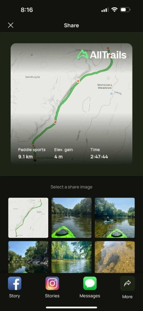 a Smartphone Screen Shows the Alltrails App with a Kayak Monocacy River Route91 Km Distance 4 M Elevation Gain and 24744 Time Below Are Share Options Including the Map and Two River Photos Its 816 with a Nearly Full Battery
