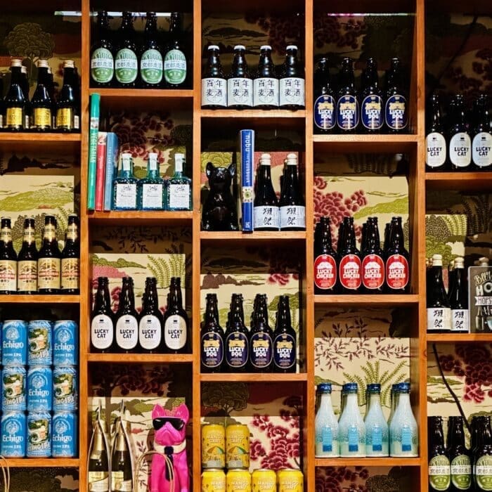 Wooden Shelves Filled with Assorted Bottled and Canned Drinks Including Beer and Soda Arranged by Brand and Color Decorative Items Such As a Pink Figurine Wearing Sunglasses Add Charm Reflecting the Vibrant Style of Restaurants in Frederick Md
