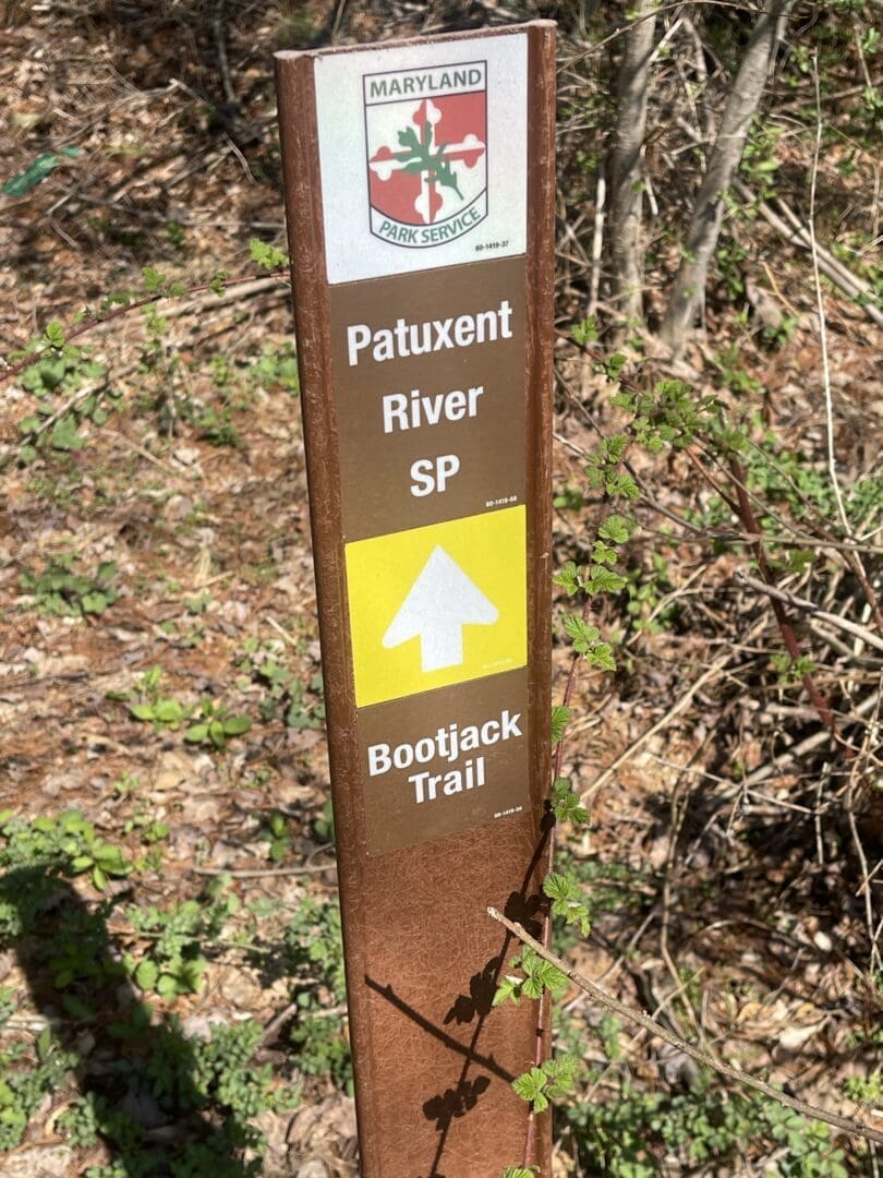 a Brown Trail Marker Post with the Maryland Park Service Logo Reads Patuxent River Sp and Bootjack Trail with a Yellow Arrow Surrounded by Forest Branches and Leaves Its Perfect for Those Exploring Bike Trails Near Frederick Md