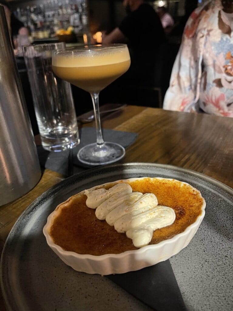 the Interesting Grapefruit Creme Brule Dessert Paired with an Expresso Martini Drink at the Tasting Room in Frederick Maryland
