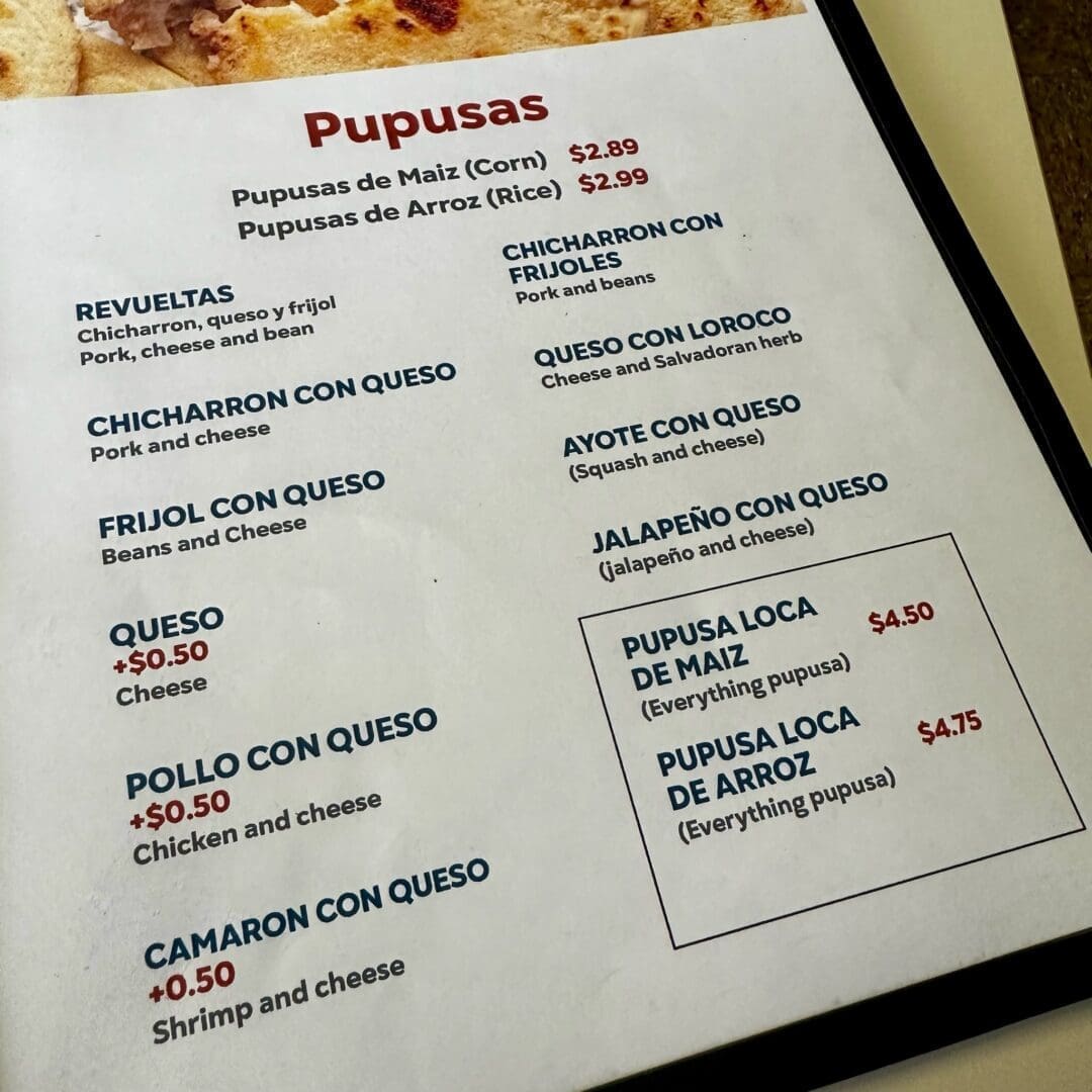 the Pupusa Menu at Que Chivo in Frederick Md