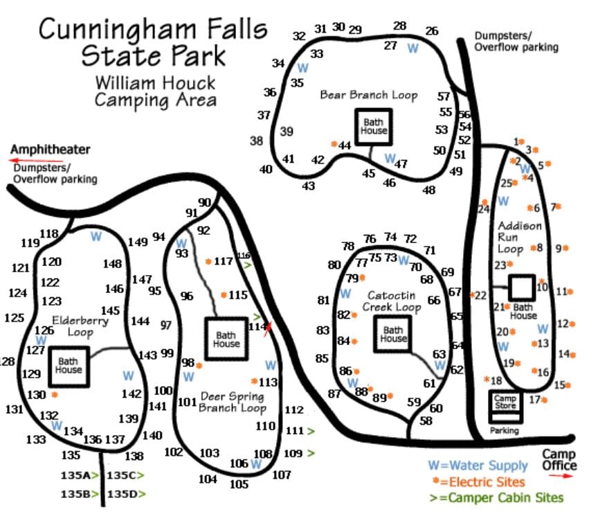 a Detailed Cunningham Falls State Park Campground Map Displays Camp Loops Site Numbers Bathhouses Water and Electric Sites Camper Cabins Dump Stations Parking Roads and the Camp Office with Color Coded Symbols for Amenities