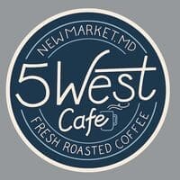 a Circular Logo with a Dark Blue Center and Cream Border It Reads 5 West Cafe in Large Script Features a Steaming Coffee Cup and Highlights New Market Md Along with Fresh Roasted Coffee