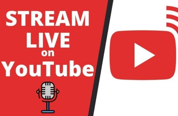 Live stream youtube Red and White Graphic with Bold Text stream Live on Youtube a Large Youtube Play Button Appears on the Right Below a Retro Microphone Hints at Broadcastingperfectly Capturing the Spirit of Everything Frederick Live