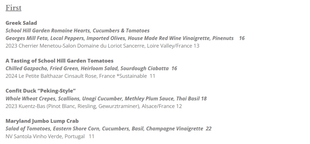 Market table bistro appetizer menu the Market Table Bistros First Menu Features Greek Salad a Tasting of School Hill Garden Tomatoes Confit Duck Peking style and Maryland Jumbo Lump Craball with Detailed Descriptions Wine Pairings and Prices from $11 to $22
