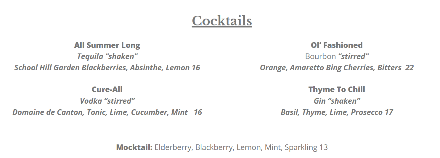 the Cocktails Menu at Market Table Bistro Features Four Signature Drinksall Summer Long Ol Fashioned Cure All and Thyme to Chillplus a Refreshing Elderberry Blackberry Lemon Mint  Sparkling Water Mocktail Prices and Details Are Listed