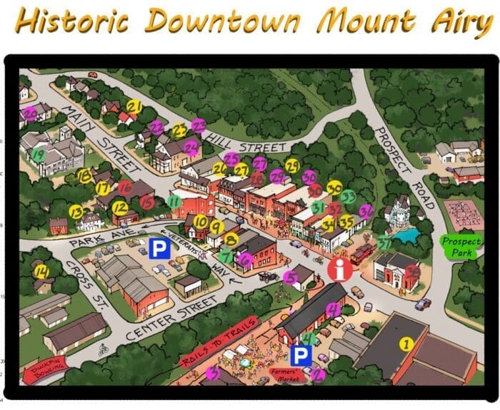 Illustrated Map of Historic Downtown Mt Airy Md Featuring Colorful Numbered Markers for Shops and Landmarks Labeled Streets Main Hill Center Cross Park Ave Prospect Blue P Parking Areas Farmers Market and a Green Area Marked Prospect Park