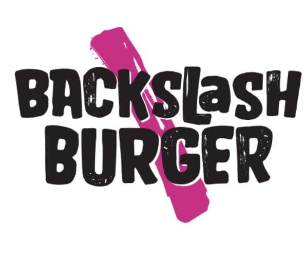 Backslash Burger Logo Bold Black Distressed Lettering with a Pink Backslash Slash Behind the Text Branding for a Burger Joint