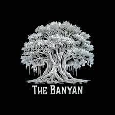 Logo a Large White Banyan Tree on a Black Background with the Text the Banyan Beneath