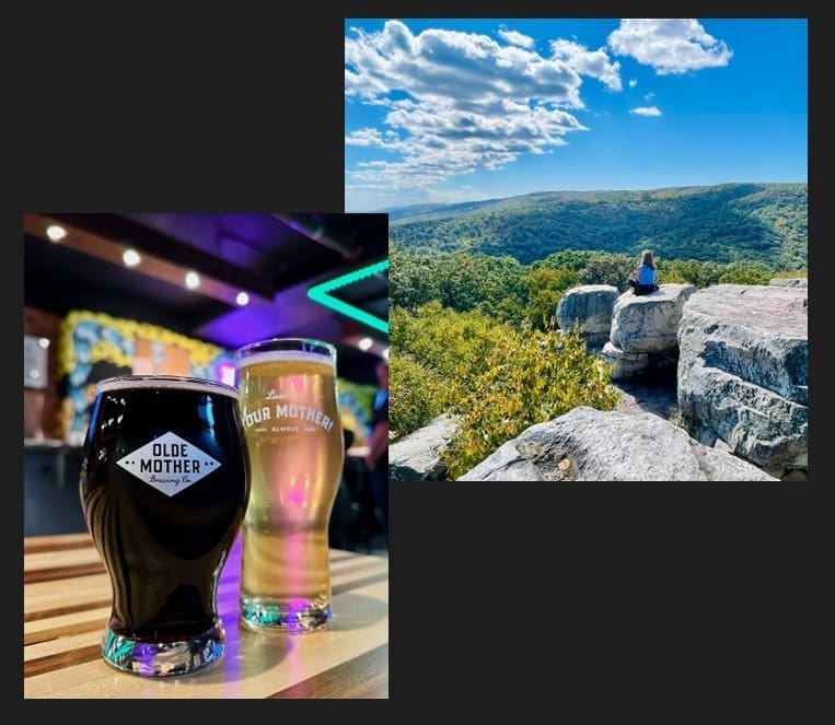 a Split Image Left Two Branded Beer Glassesone Dark One Lighton a Wooden Bar at Olde Mother Brewing Co Highlighting Their Partnership with Epicfrederick Right a Person Sits on a Rocky Cliff Overlooking a Lush Green Forest